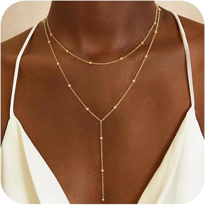 Lariat Gold Necklaces for Women Trendy Dainty Long Necklace 14k Gold Plated/Silver Layered Drop Beaded Chain Necklaces Y-shaped Pendant Necklace Simple Gold Jewelry Gifts