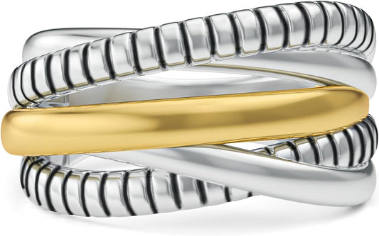 Two-Tone Wide Statement Ring for Women - Gold Silver Crossover Band with Ribbed Texture - Modern Fashion Jewelry Cocktail Ring - Mixed Metal Layered Design