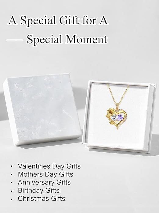 Sunflower Heart Necklace for Women 14K Gold Exquisite Anniversary Birthday Gifts for Wife Mother Her Double Birthstone Pendant jewelry‘You Are My Sunshine’