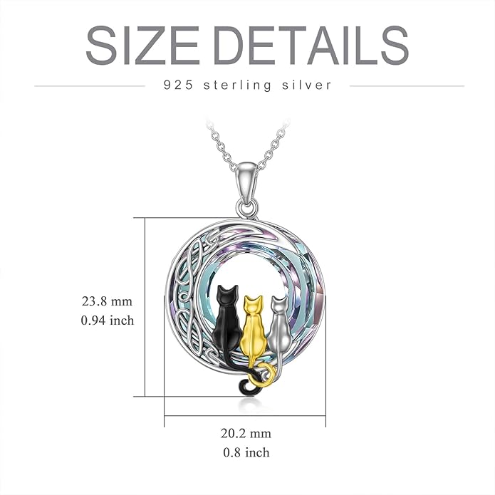 TOUPOP Christmas Cat Gifts for Cats Lovers One Two Three Four Cats Necklace Sterling Silver Cats on the Moon Pendant Necklace with Blue Circle Crystal Birthday Christmas Celtic Jewelry Gifts for Women