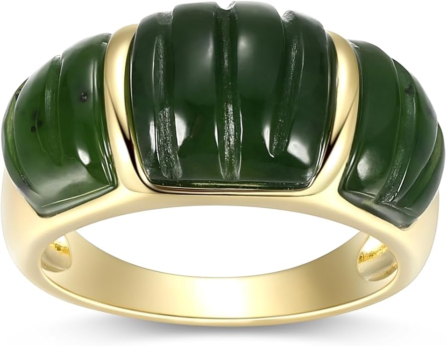.925 14K Gold Plated Sterling Silver Carved Green Jade Rings for Women - Hypoallergenic Genuine Nephrite Jade Sterling Silver Rings Women, Bold & Sculptural Jewelry Design Size 7