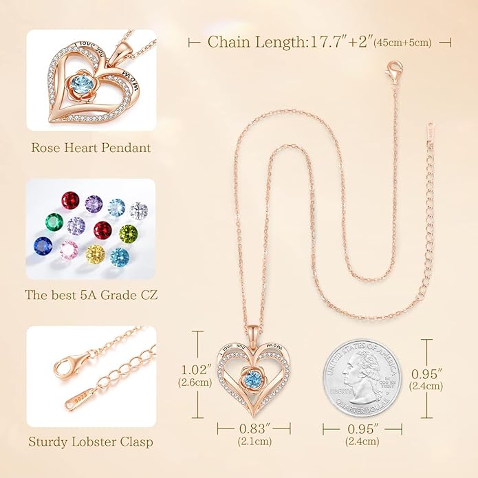 CDE Christmas Gifts for Women S925 Silver Rose Gold Heart Birthstone Necklaces for Women，Ideal Anniversary or Birthday Jewelry Gifts for Wife Girlfriend Her