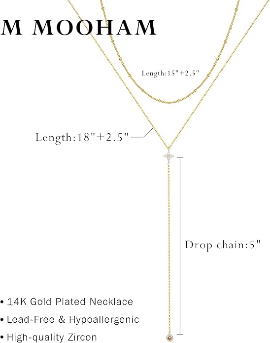 M MOOHAM Gold Lariat Necklace for Women - Dainty 14K Gold Plated Y-Shaped Long Drop Necklace Pearl Cross Clover Butterfly Cubic Zirconia Charm Layered Necklaces for Women Simple Jewelry Gifts