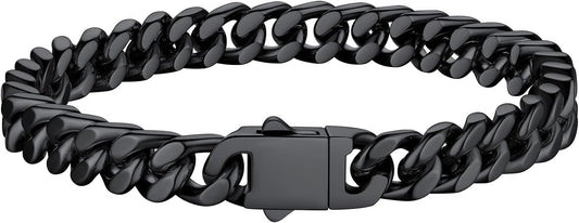Bestyle Thick Mens Cuban Link Chain Bracelets, Durable Real 18K Gold/Black Metal Plated Solid Stainless Steel Hand Chain Cuban Bracelets for Men, Silver Black Gold Bracelets for Father Husband