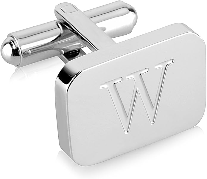 18K White-Gold Plated Initial Engraved Stainless Steel Men’s Cufflinks With Gift Box -Personalized Alphabet Letter’s A-Z By Lux & Pair