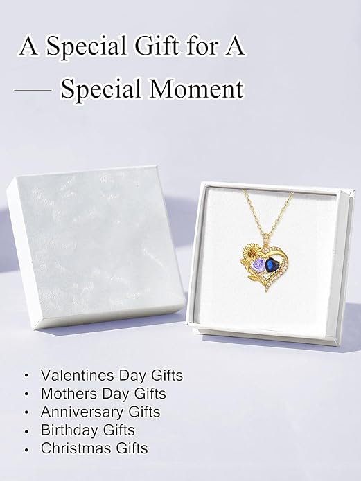Sunflower Heart Necklace for Women 14K Gold Exquisite Anniversary Birthday Gifts for Wife Mother Her Double Birthstone Pendant jewelry‘You Are My Sunshine’