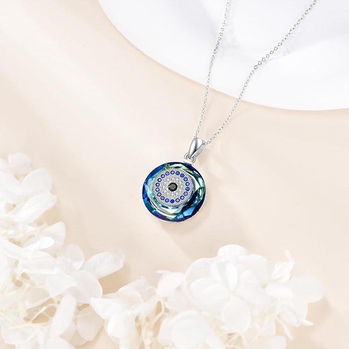 YFN Evil Eye Pendant Necklace for Women 925 Sterling Silver Greek Protection Jewelry with Blue Sapphire and Black Cz Amulet Gift