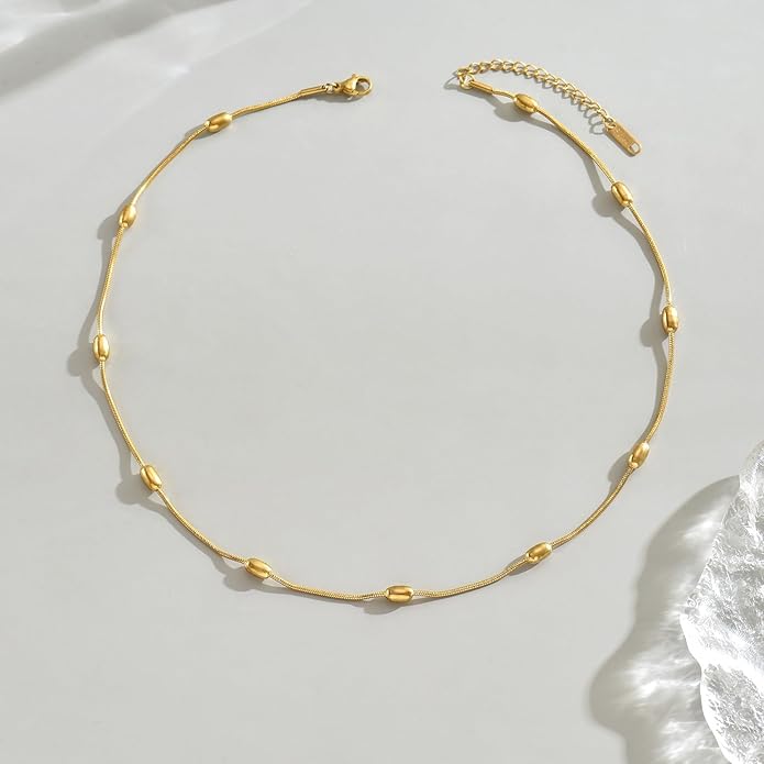 Gold Chain Necklace for Women Dainty 18K Gold Plated Thin Satellite Beaded Turquoise Necklace Simple Gold Boho Jewelry