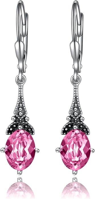 AOBOCO Vintage Earrings for Women Sterling Silver Retro Drop Dangle Leverback Earrings with 8x6mm Oval Genuine or Simulated Birthstone Crystal from Austria, Anniversary Jewelry Gifts for Her Women