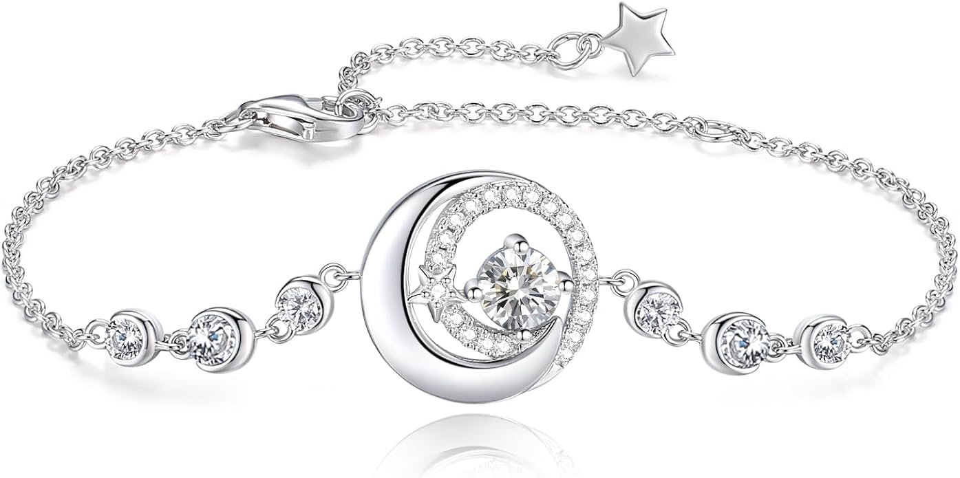 FANCIME Birthstone Bracelets 925 Sterling Silver Moon and Star Bangle Charm Bracelet Fine Jewelry Birthday Anniversary Christmas Day Gift for Her Women, Adjustable Chain 6.7"+1.2" Extend