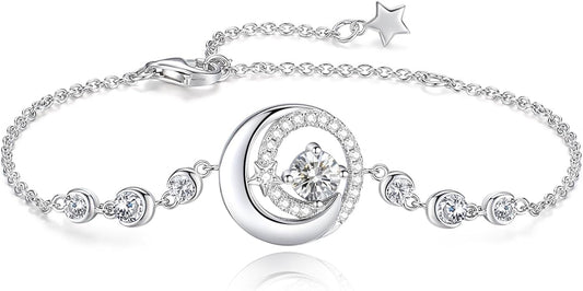 FANCIME Birthstone Bracelets 925 Sterling Silver Moon and Star Bangle Charm Bracelet Fine Jewelry Birthday Anniversary Christmas Day Gift for Her Women, Adjustable Chain 6.7"+1.2" Extend