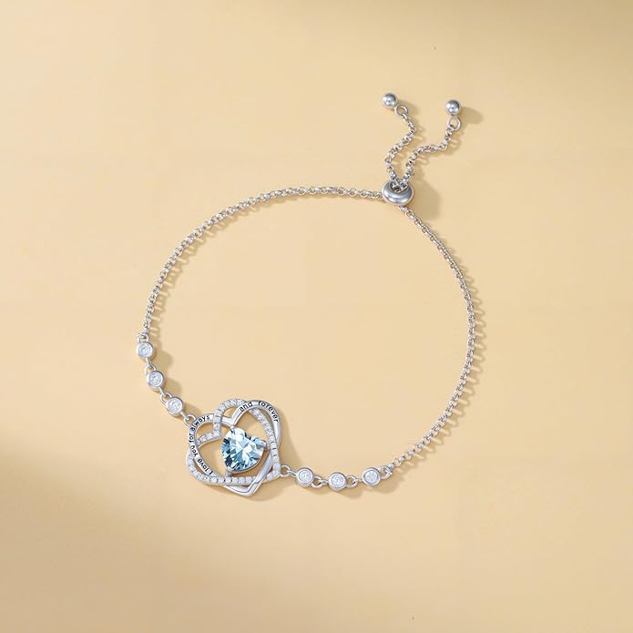 TOUPOP Heart Birthstone Bracelet 925 Sterling Silver Double Heart Bracelet Love You for Always and Forever Jewelry Anniversary Birthday Christmas Gifts for Women Wife Her