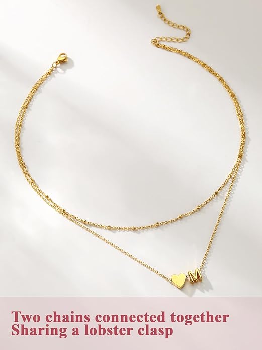FOCALOOK Layered Initial Necklace for Women, 14K Gold Plated Choker Necklaces Stacks with Initial A-Z, Dainty Silver Heart Pendant Necklace Personalized Birthday Women Jewelry