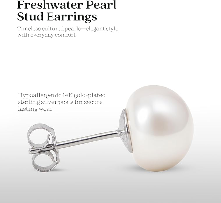 KEZEF Freshwater Pearl Stud Earrings for Women – AAA Quality Cultured Pearls on 925 Sterling Silver Post Rhodium or 14K Gold Plated, Sizes 6‑11 mm