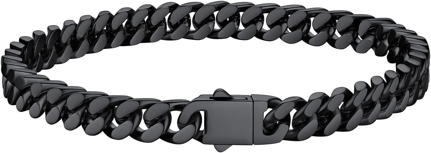Bestyle Thick Mens Cuban Link Chain Bracelets, Durable Real 18K Gold/Black Metal Plated Solid Stainless Steel Hand Chain Cuban Bracelets for Men, Silver Black Gold Bracelets for Father Husband