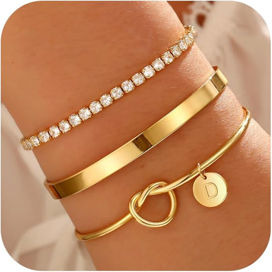Gold Initial Bracelets for Women - Dainty Gold Bangles Bracelets for Women Personalized Initial Bracelet Stackable Gold Knot Cuff Tennis Bracelet Gold Jewelry Bridesmaid Proposal Wedding Gifts