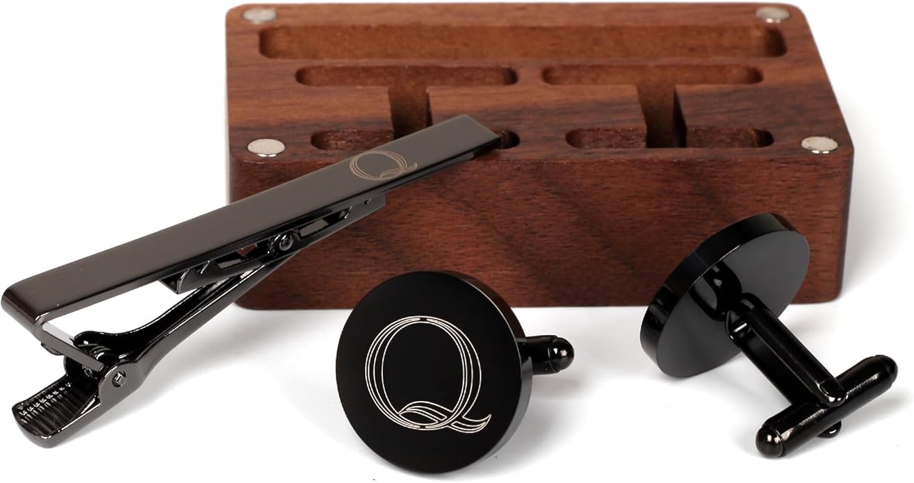 Mens Initial Cufflinks and Tie Clip A-Z Alphabet Letter Black Stainless Cuff Links Tie Bar with Engraved Walnut Wood Box Groom Groomsman Wedding Set