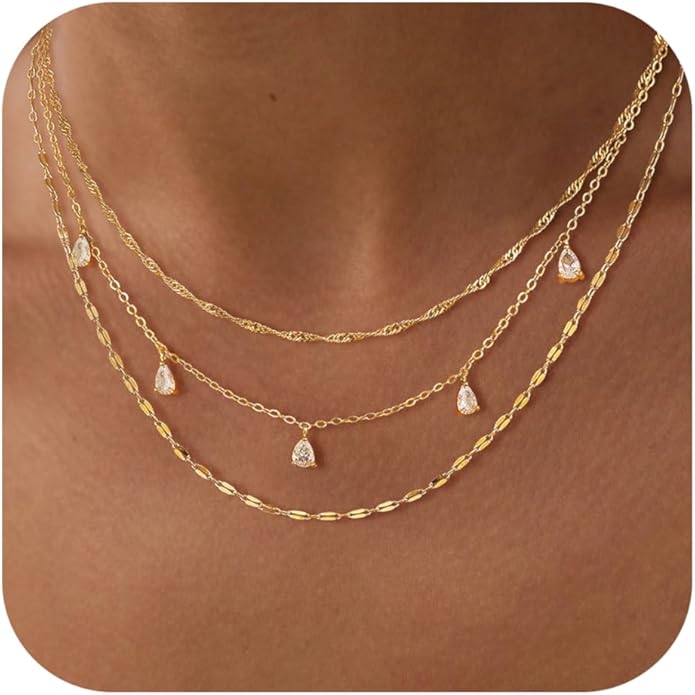 Layered Necklaces for Women, Dainty Gold Necklace Stack 14k Gold Plated Layering Cubic Zirconia Choker Necklaces for Women Trendy Simple Layered Gold Necklace Set Fashion Jewelry