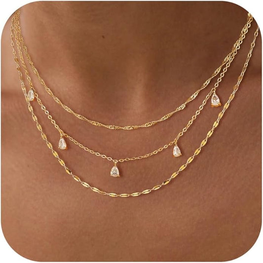 Layered Necklaces for Women, Dainty Gold Necklace Stack 14k Gold Plated Layering Cubic Zirconia Choker Necklaces for Women Trendy Simple Layered Gold Necklace Set Fashion Jewelry