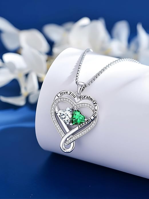 I Love You for Awlays and Forever Double Heart Necklace with Birthstone, 2 Birth Stone Jewelry Anniversary Valentines Mothers Day Christmas Birthday Gifts for Women Her Wife Girlfriend Mom Mother