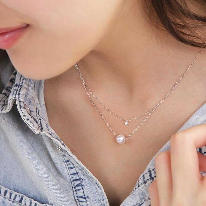 Japanese 7.0mm Akoya Cultured Pearl with Diamond Pendant Necklace for Women with White Gold | Classy Design Excellent Gift | Pearl Necklace