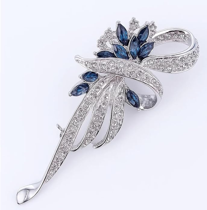 FAIRY COUPLE 18K White Gold Plated Brooch Pin for Women, Vintage Art Deco Simulated Sapphire Blue CZ Flower Statement Jewelry, September Birthstone Something Blue Wedding Gift BR133