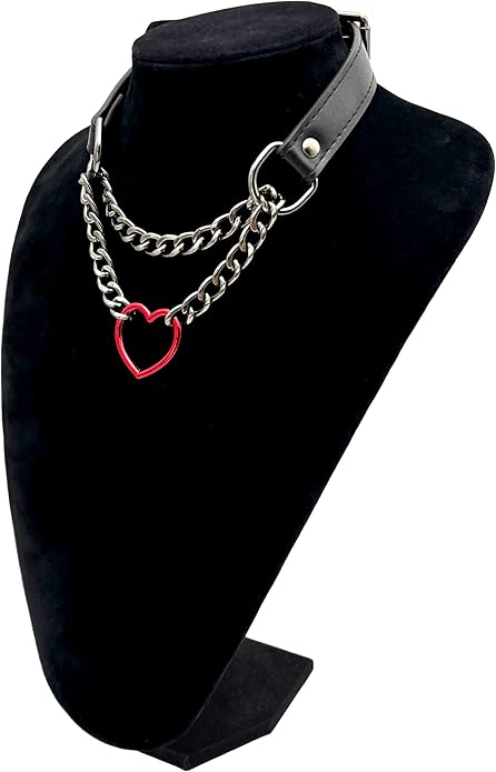 Black Leather Choker Collar For Women, Handmade Heart Slip Chain Choker Long Necklace with Adjustable Buckle