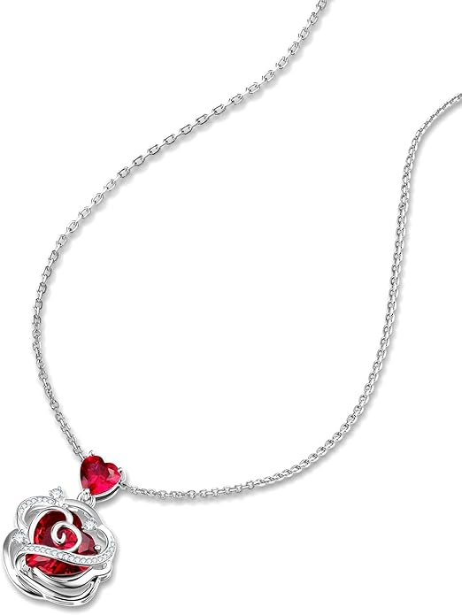 FANCIME Thornless Pulse Birthstone Necklace for Women Sterling Silver Rose Pendant Fine Jewelry Gemstone Birthday Valentines Day Gifts for Wife Her