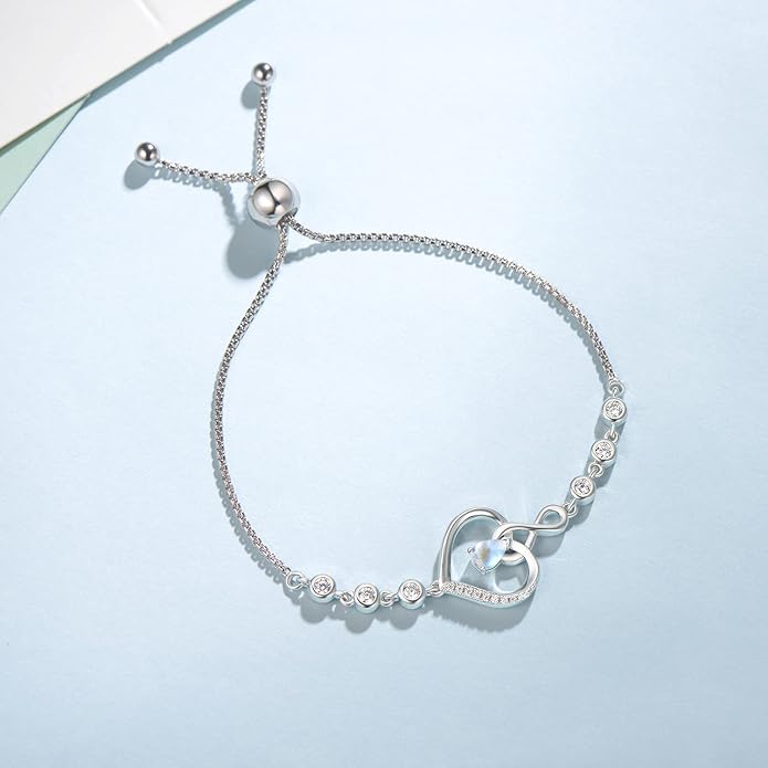 AGVANA Heart Birthstone Bracelets for Women Sterling Silver Genuine or Created Gemstone Tennis Bracelet Infinity Love Jewelry Anniversary Birthday Gifts for Wife Mom Women