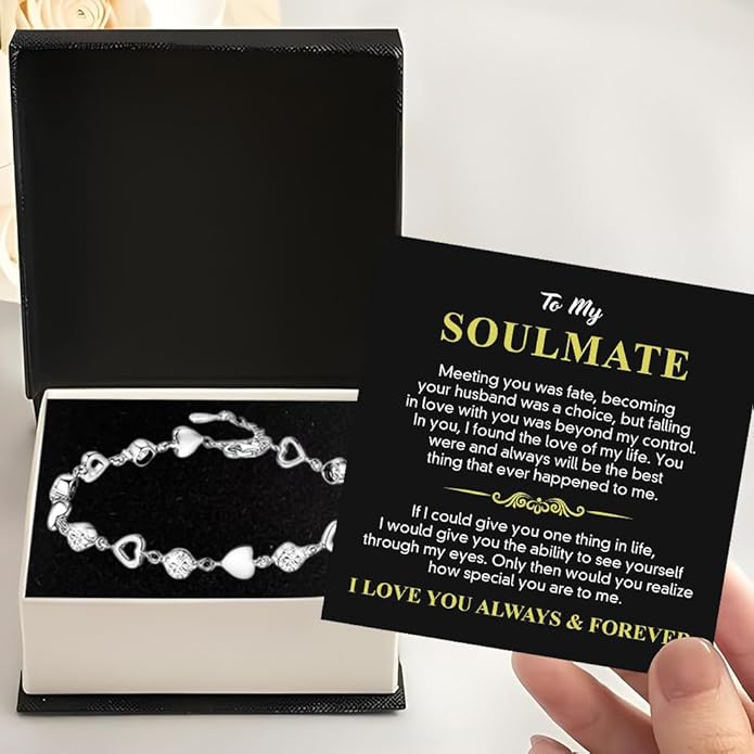 To My Soulmate Heart Bracelet Gift, Beautiful Soulmate Jewelry With Message Card and Box For Women, Romantic Anniversary, Birthday, Christmas or Valentine’s Day Gift