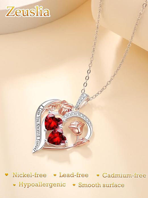Zeuslia Double Birthstone Necklace Gifts for Wife - 925 Sterling Silver Sunflower/Rose/Crown Cross/Compass/Heart Pendant I Love You Necklace, Anniversary Birthday Gifts for Wife Girlfriend Mom Her