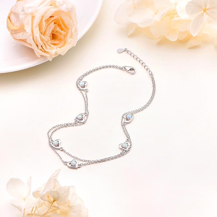 FLYOW Anklet for Women S925 Sterling Silver Adjustable Foot Beaded Heart Charm Ankle Bracelet Anklets Jewelry