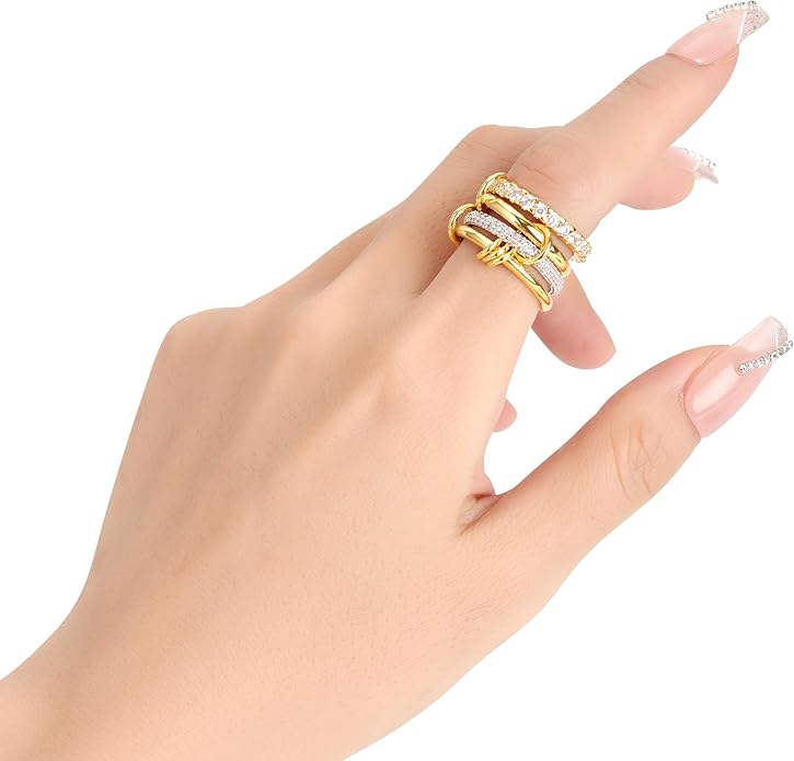 Gold Stackable Rings for Women Non Tarnish, 18K Gold Plated CZ Cubic Zirconia Rings, Golden Rings Set, Multi-Link Connected Rings