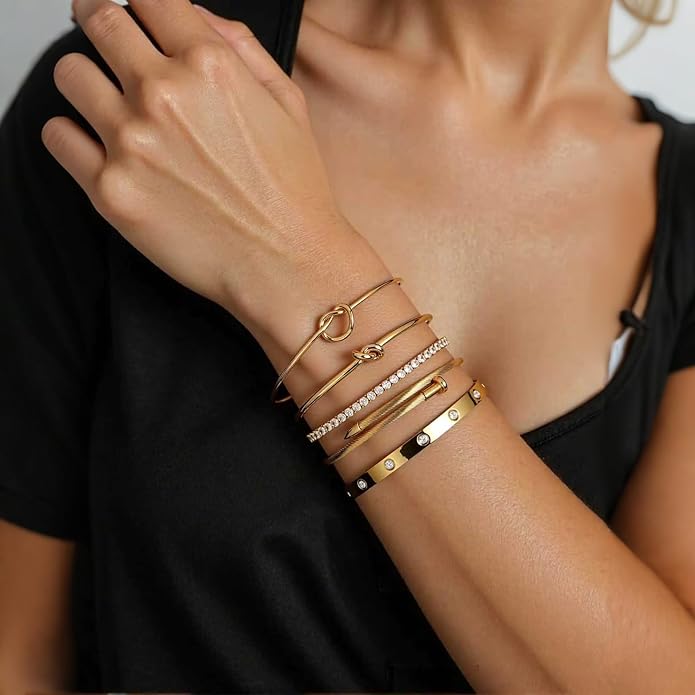 FAFUGA 18 K Gold Plated Love Bangle Bracelet Stack Cuff Jewelry for Women Jewelry Set for Women Gift with Box