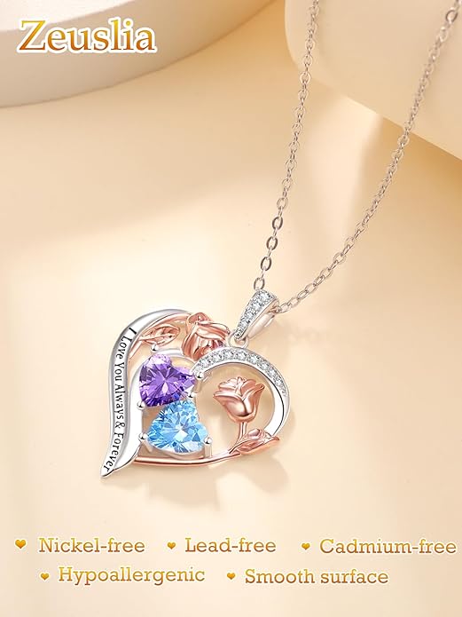 Zeuslia Double Birthstone Necklace Gifts for Wife - 925 Sterling Silver Sunflower/Rose/Crown Cross/Compass/Heart Pendant I Love You Necklace, Anniversary Birthday Gifts for Wife Girlfriend Mom Her