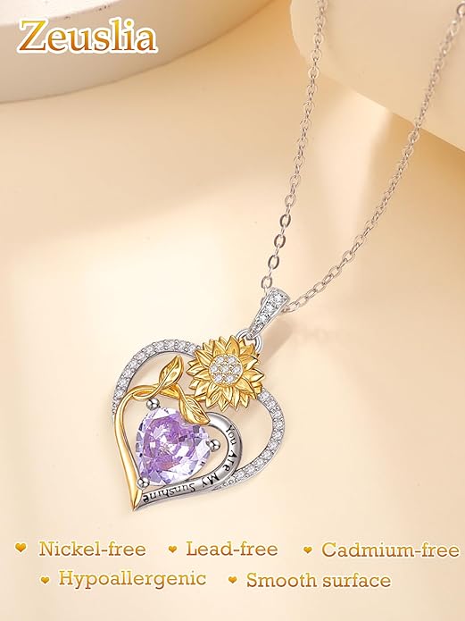 Zeuslia Double Birthstone Necklace Gifts for Wife - 925 Sterling Silver Sunflower/Rose/Crown Cross/Compass/Heart Pendant I Love You Necklace, Anniversary Birthday Gifts for Wife Girlfriend Mom Her