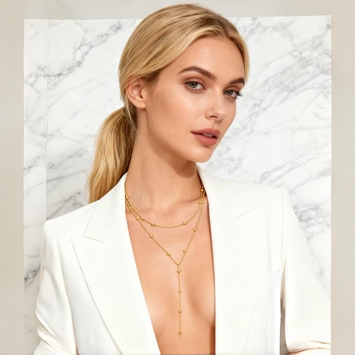 Gold Plated Long Necklace for Women, Layered Y-Shape Lariat Drop Pendant Chain with Beaded Accents, Adjustable Dainty Simple Trendy Jewelry Gift ﻿