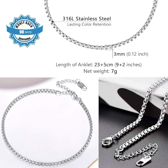PROSTEEL Stainless Steel Chain Anklets for Women, Silver/Gold Tone, Ankle Bracelets Hypoallergenic, 8-10.5 Inch Adjustable, Come with Box