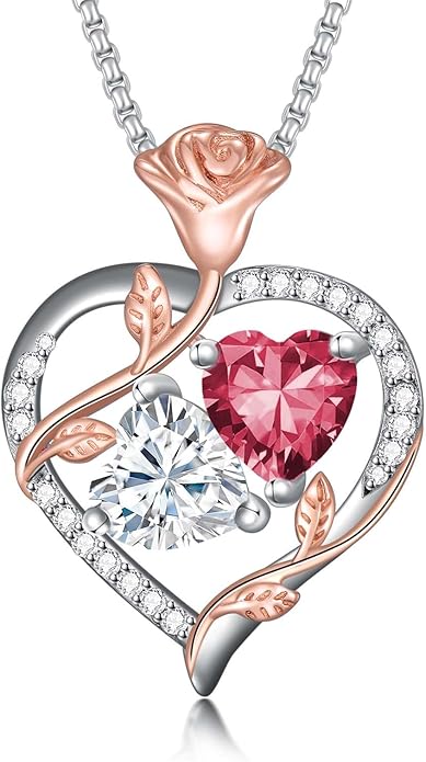 Christmas Gifts for Women Rose Heart Birthstone Pendant Necklace I Love You Forever Jewelry Valentine Mothers Day Birthday Gifts for Women Her Wife Girlfriend
