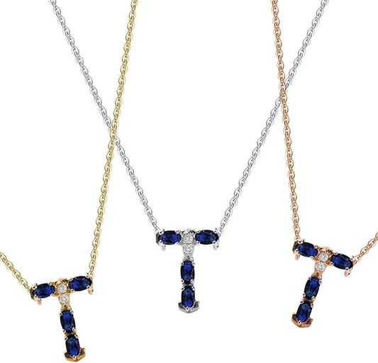Albert Hern Blue Sapphire Initial Necklace With Diamonds & 18K Gold Chain | Irresistible Letter Pendants Jewelry | Perfect Valentine’s Day, Anniversary & Birthday Gift