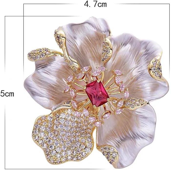 Rhinestone White Peony Brooch Pin - Gold Plated | Ideal Gift for Mom & Wife on Thanksgiving Day, Birthdays & Weddings