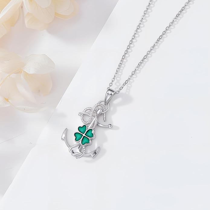 LEECCI Anchor Wave/Four Leaf Clover/Surfboard Necklace 925 Sterling Silver Anchor Pendant Jewelry Gift Graduation Gift for Men Women