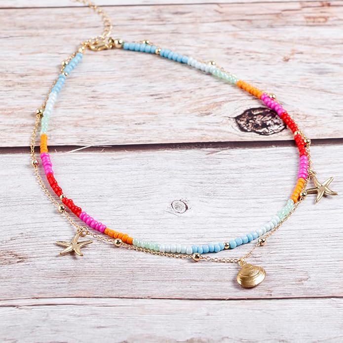 Da Piao Liang Handmade Multilayered Colorful Seed Beads Choker Necklace – Boho Starfish Creative Beach Jewelry for Women – Summer Necklace