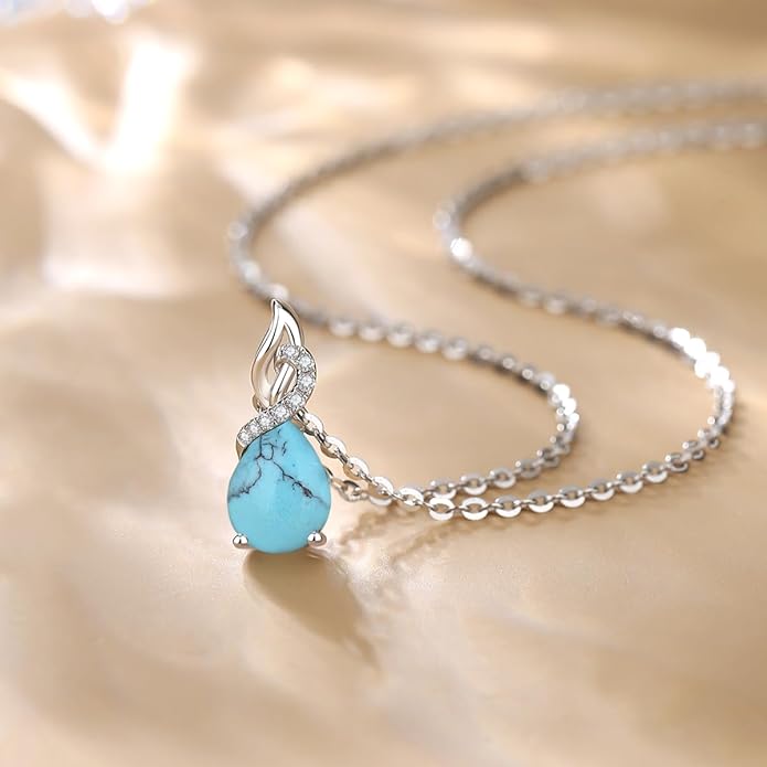 FANCIME 14K Solid White Gold Teardrop Pendant with Diamond Birthstone Necklace