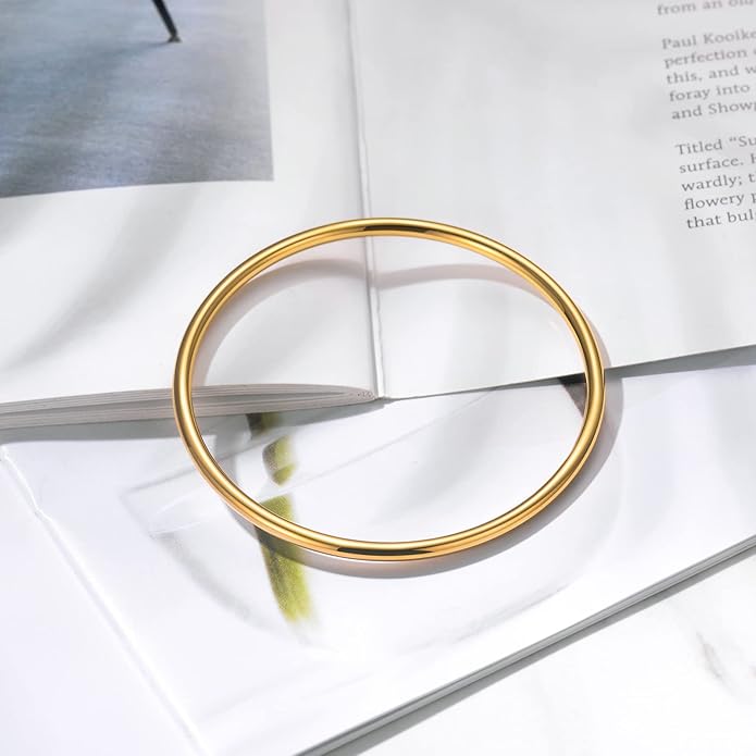 Kainier 3mm 14K Gold Plated Bracelet Stainless Steel Glossy Stackable Thin Round Bangle Bracelet for Women Solid Plain Polished Bracelet Best Gifts for Love