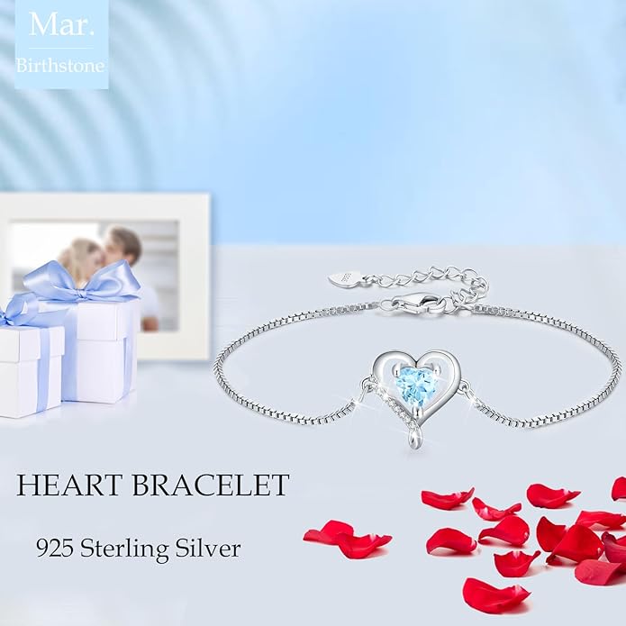 LAVUMO Love Heart Bracelets for Women 925 Silver Charm Birthstone Bracelet Adjustable Anniversary Birthday Jewelry Gifts for Women Girlfriend Wife Daughter Mom Her