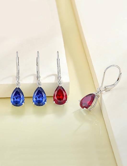 YL 925 Sterling Silver Teardrop Dangle Drop Earrings for Women 7x10 MM Solitaire Birthstone Leverback Jewelry