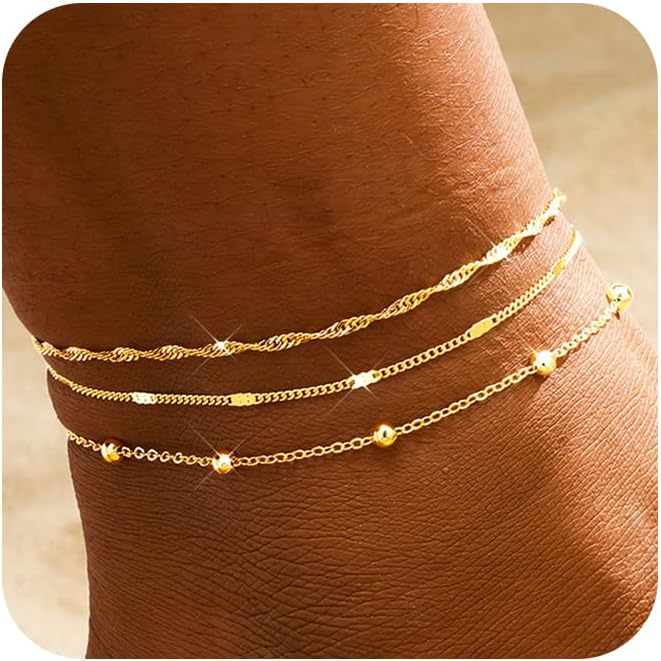 2/3 PCS Gold Anklets for Women Waterproof Cuban Link Anklet Beaded Bracelets Stackable Bracelets 14K Gold Plated Custom Jewelry Gifts Non Tarnish Lightweight