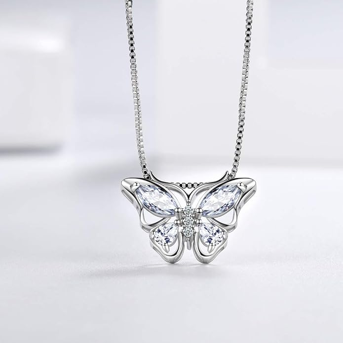 Aurora Tears Butterfly Birthstone Pendant Necklace - Women 925 Sterling Silver Butterflies Birthstone Pendant Necklace Jewelry Birthday Gift for Women