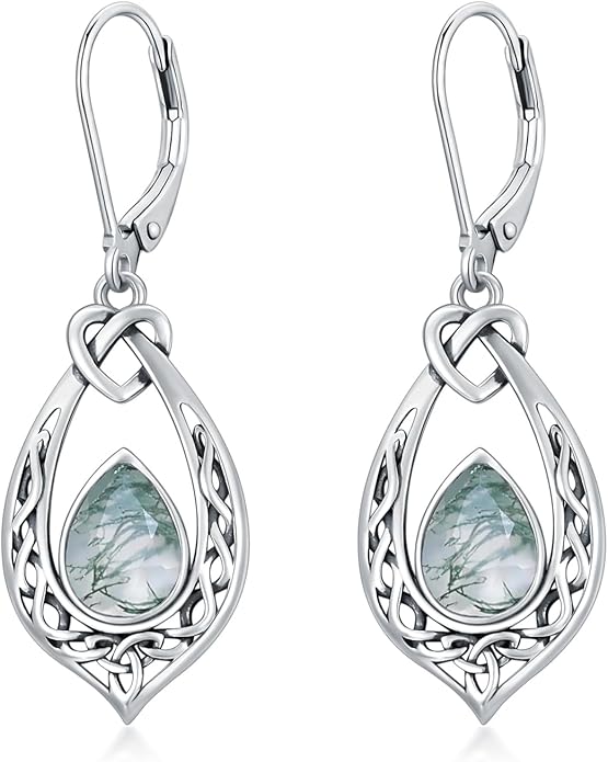 Celtic Knot Dangle Earrings 925 Sterling Silver Oxidized Vintage Drop Leverback Earrings with 8 * 6mm Simulated Birthstone Crystal Christmas Jewelry Gifts for Women (Gift Box)